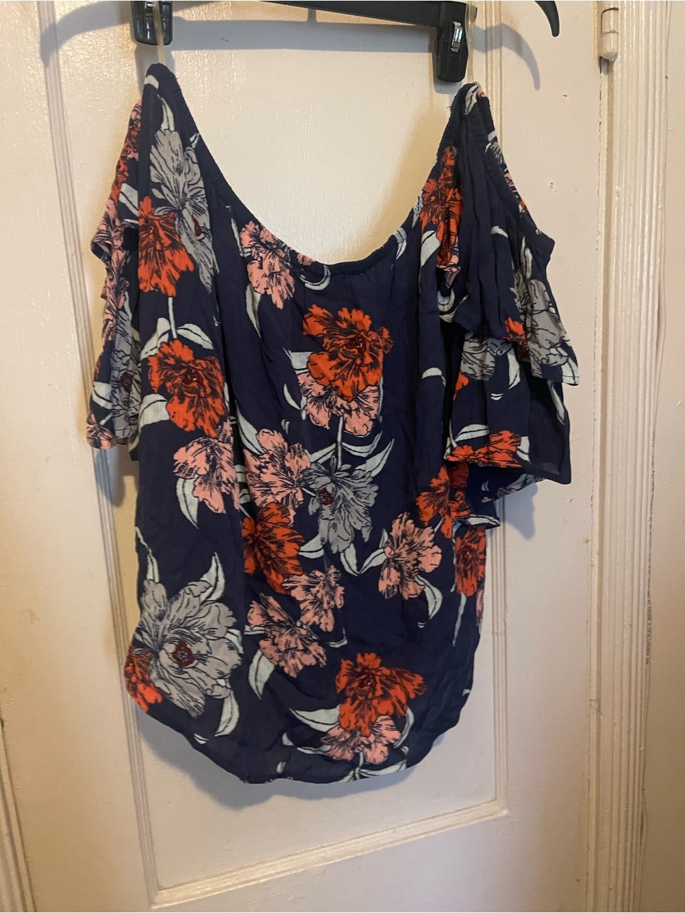 Floral Cold-Shoulders ( hanging sleeves )- Navy with Orange & Pink Flowers